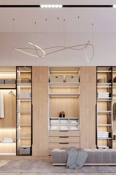 3d rendering,3d illustration, Interior Scene and  Mockup,Modern style walk-in closet, light-colored wood material, decorated with warm-white lights.